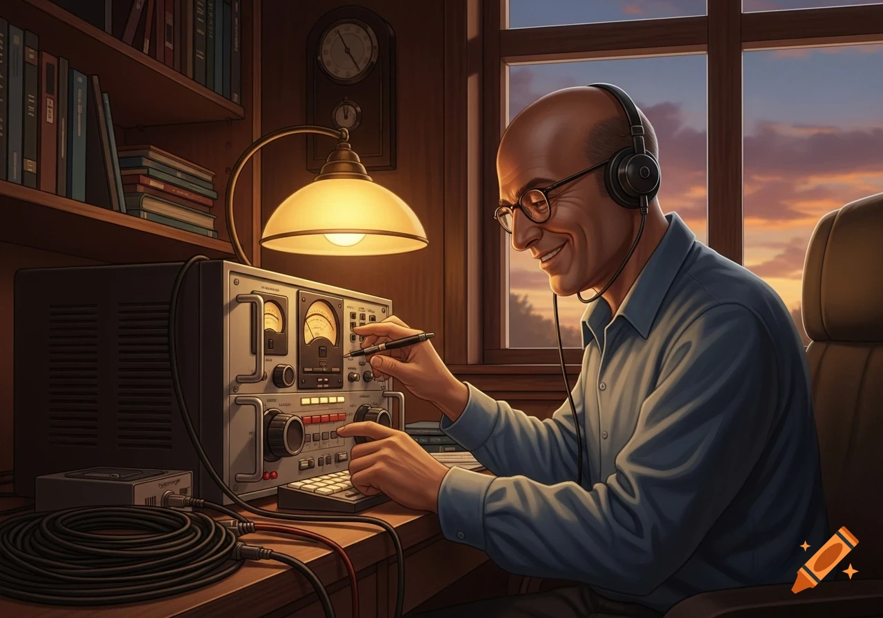 A bald man with glasses and headphones smiles, operating a vintage radio communication device at a wooden desk.