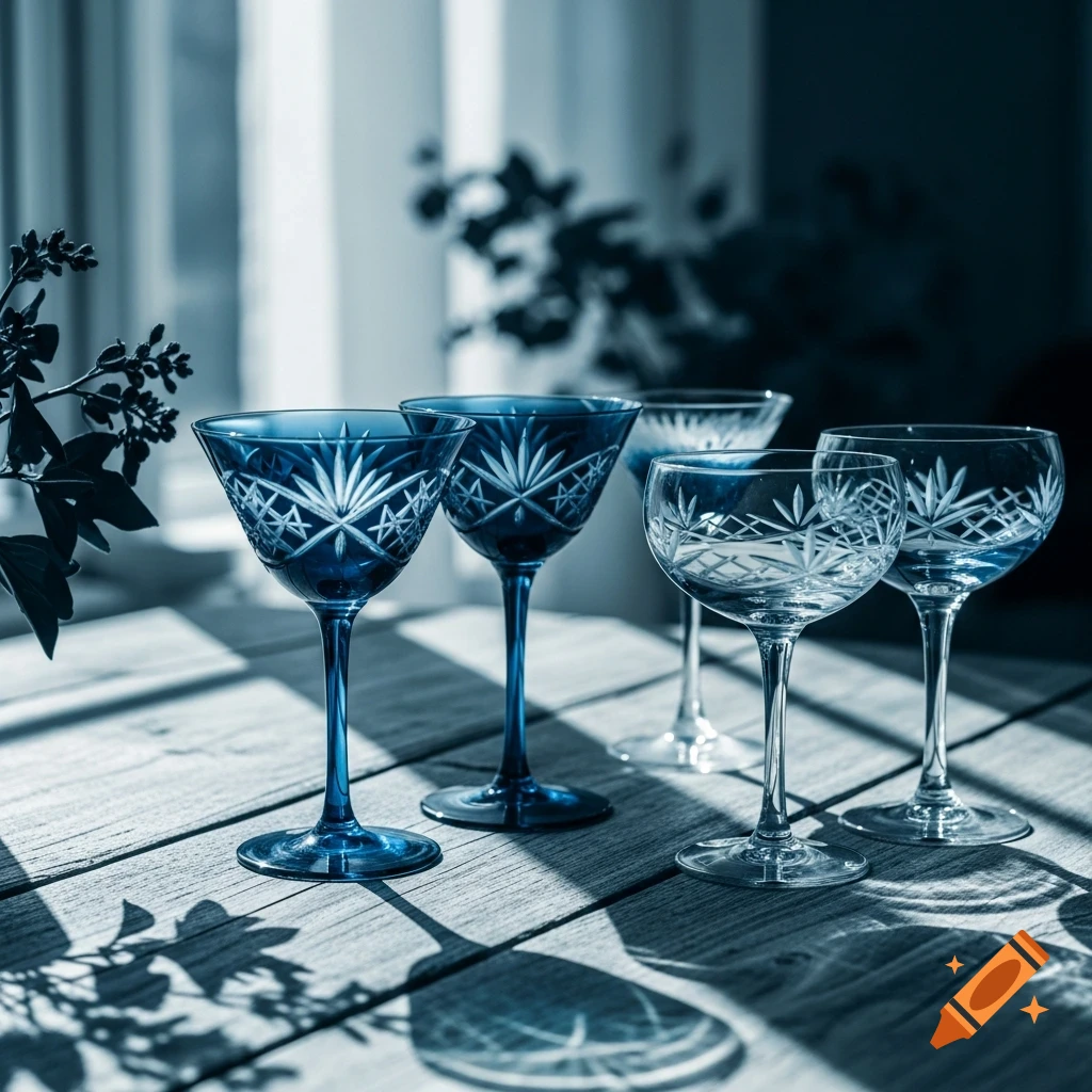 Cyanotype style photo of blue and clear crystal cocktail glasses on a wooden table, with dramatic sunlight and shadows.