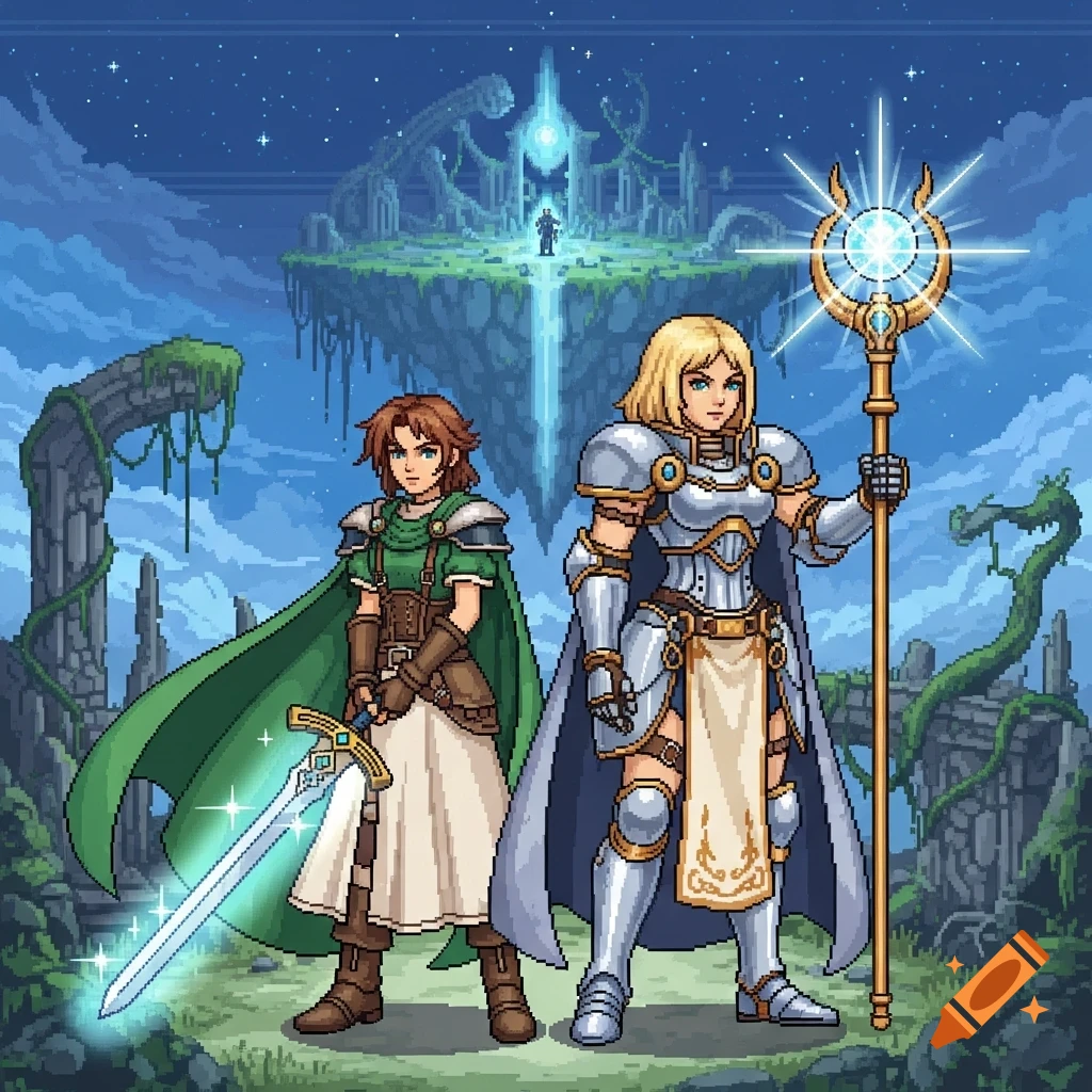 Two female fantasy warriors in Final Fantasy 6 style pixel art, one with a glowing sword and one with a glowing staff, against a mystic sky with a floating island.
