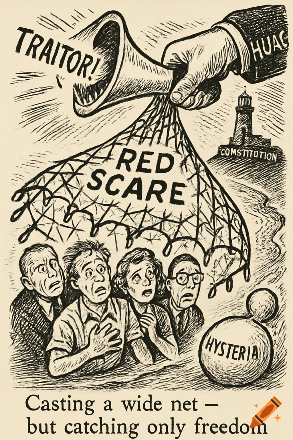 A black ink political cartoon depicting a giant hand holding a megaphone labeled 'TRAITOR!' and a net labeled 'RED SCARE' over fearful 1950s Americans. A misspelled 'COMSTITUTION' lighthouse is in the background, and a 'HYSTERIA' boulder rests in the foreground. The caption reads, 'Casting a wide net but catching only freedom.'