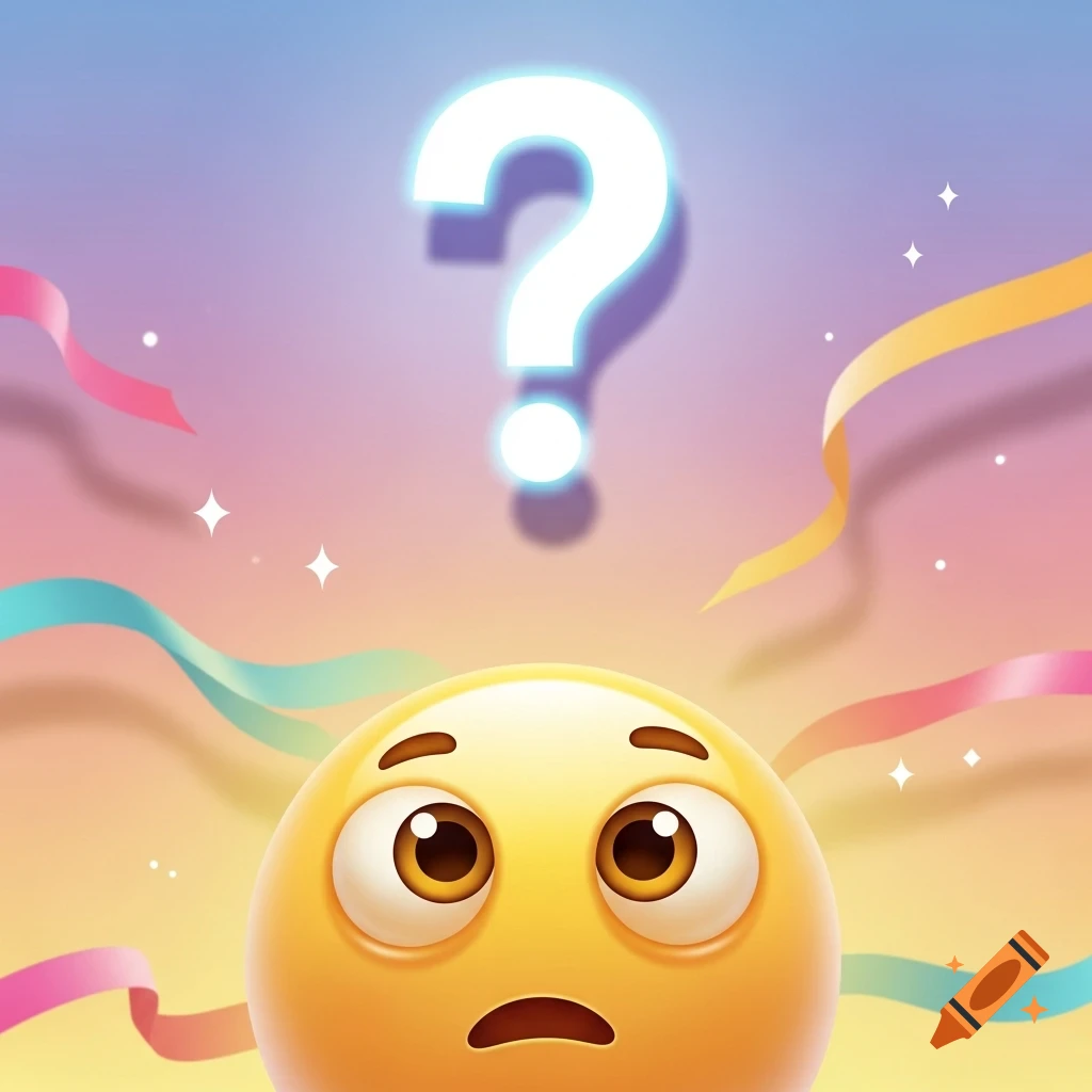A worried yellow emoji with big eyes looks up at a glowing white question mark, surrounded by colorful ribbons and stars on a gradient background.