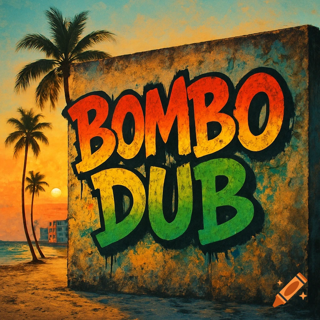 Graffiti text 'BOMBO DUB' in red, yellow, and green on a distressed wall on a sunset beach with palm trees and ocean.