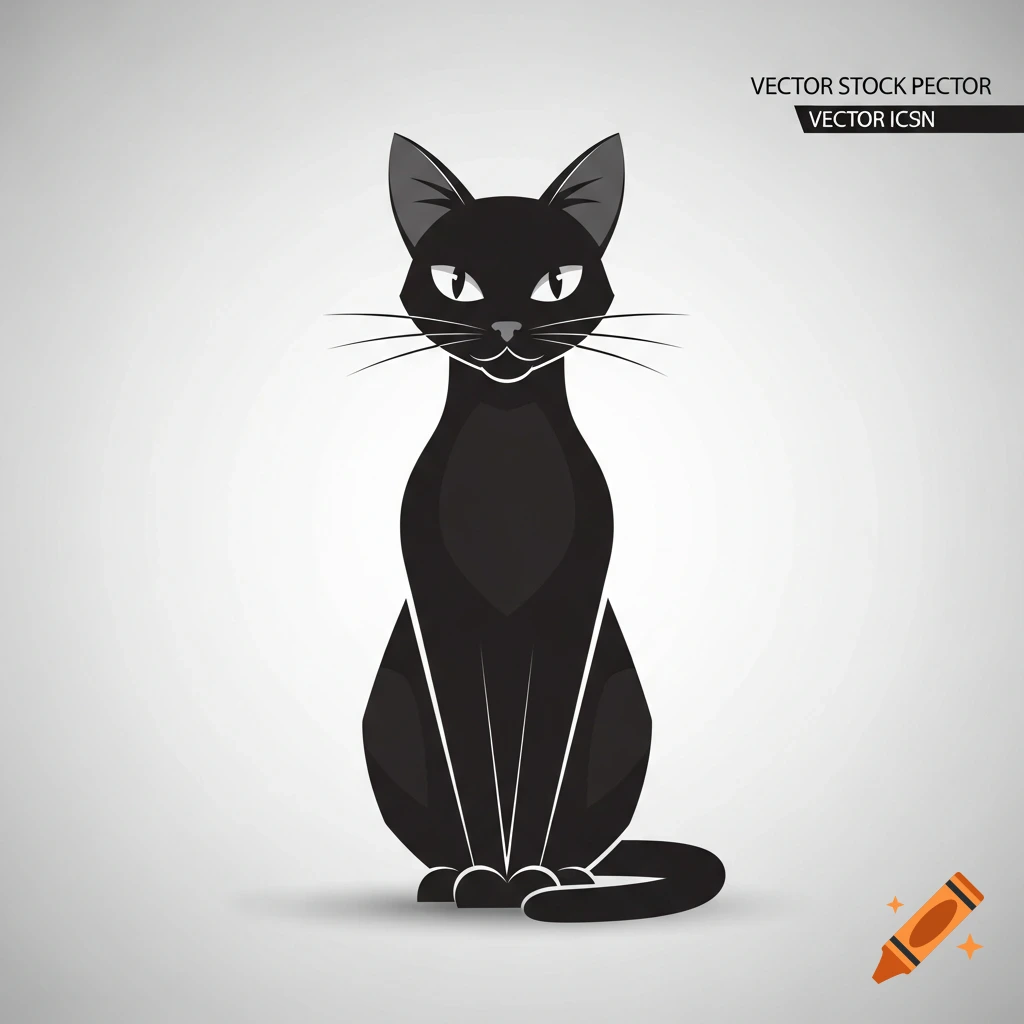 A stylized black cat with white whiskers sits facing forward on a light gray background.