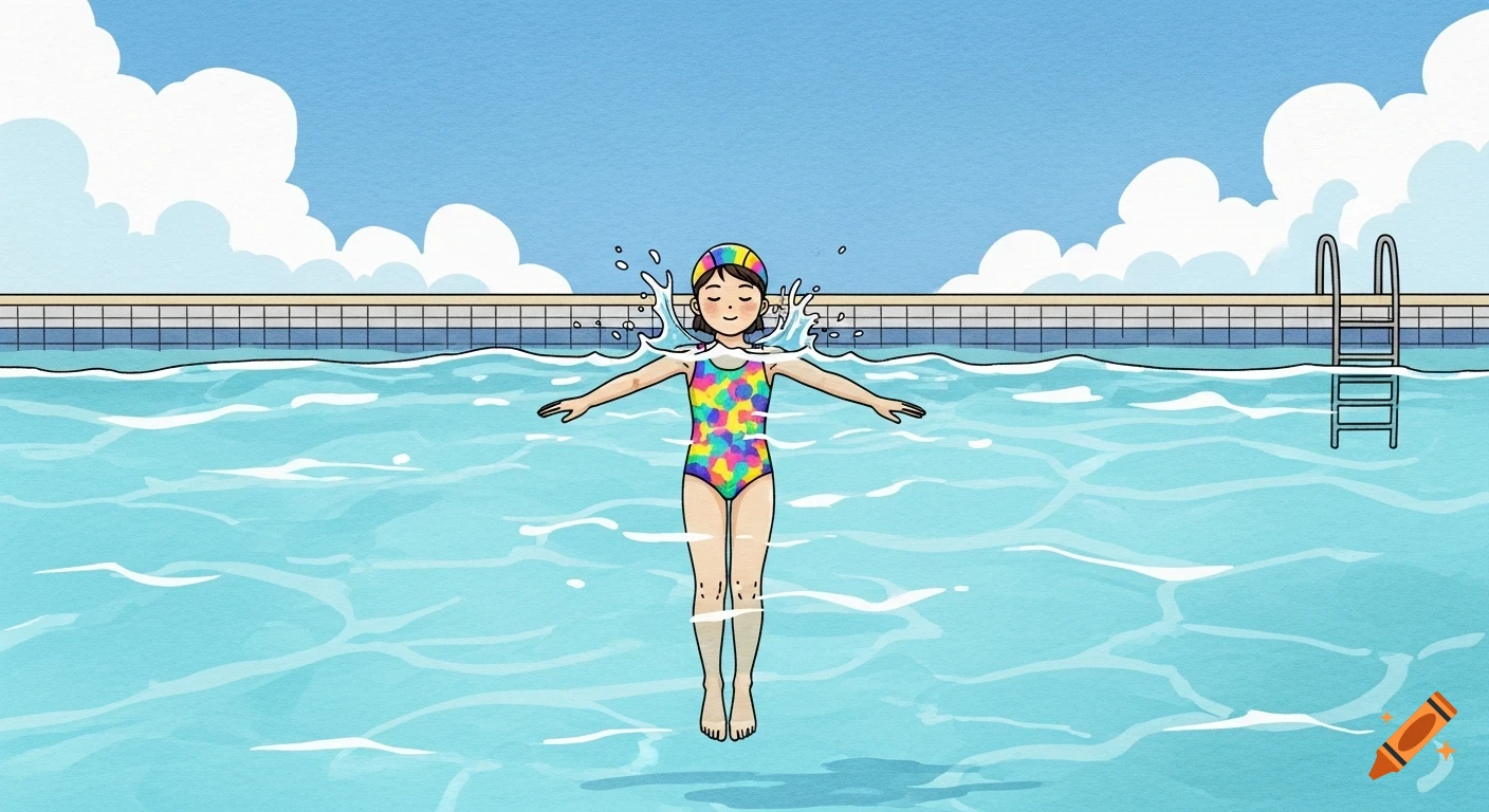 A colorful illustration of a child floating on their back in a clear blue swimming pool under a blue sky with clouds.