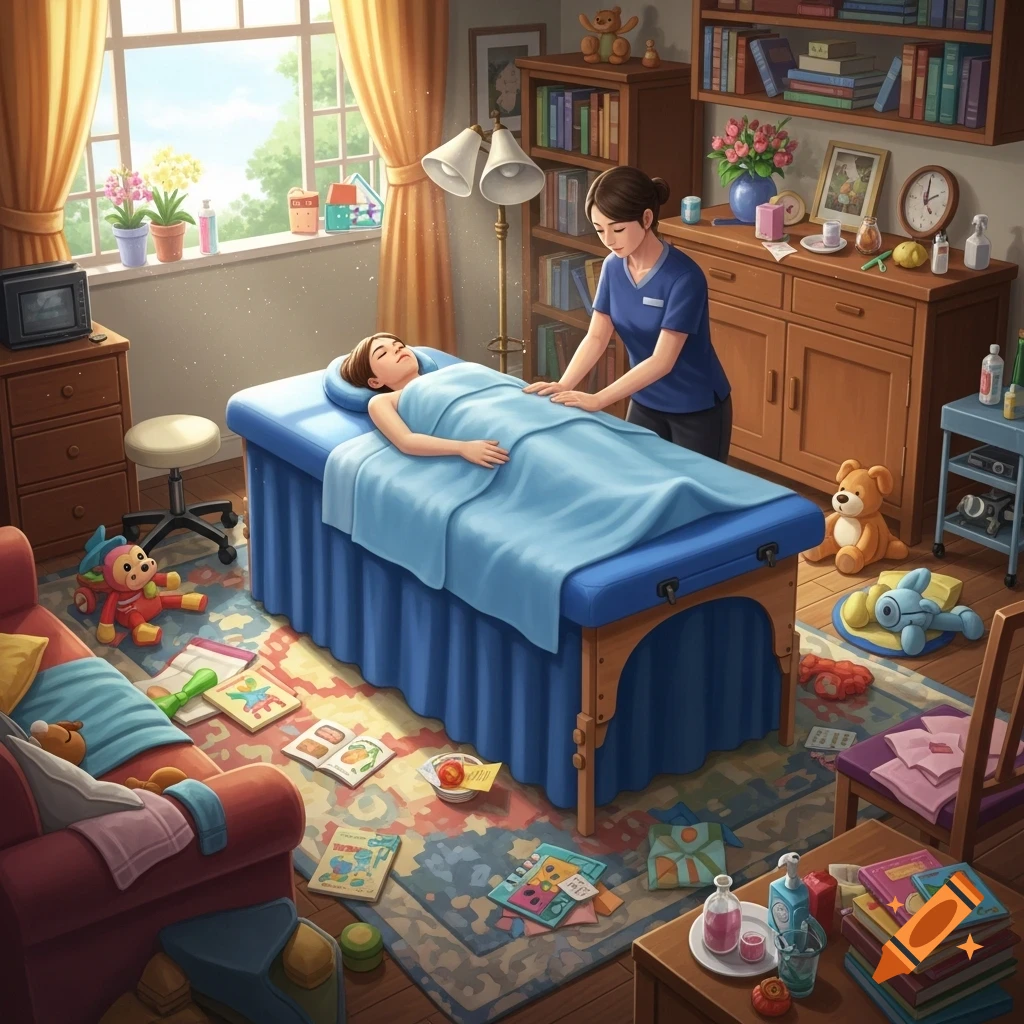 A cartoon illustration of a messy living room with a blue massage table in the middle. A woman lies on the table covered by blue sheets, receiving a massage from a therapist in a blue uniform. Toys and books are scattered on the rug.