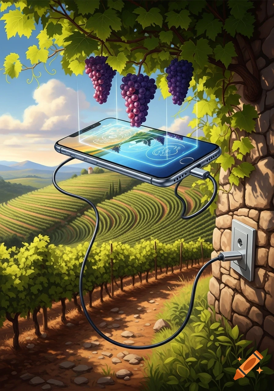 An illustrated smartphone with a glowing screen levitates above a vineyard, connected by a charging cable to a stone wall. Grapes hang from vines.