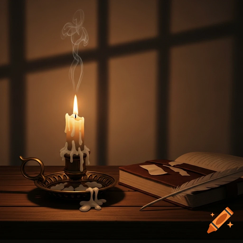 A lit candle in a brass holder, with melted wax, an open book, and a feather quill on a wooden table, casting window shadows.