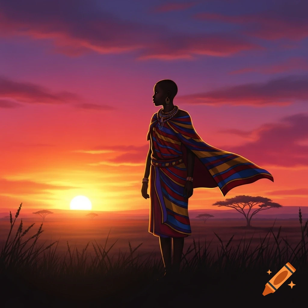 Illustration of an African girl in traditional attire standing in a savanna landscape at sunset, with a vibrant sky.
