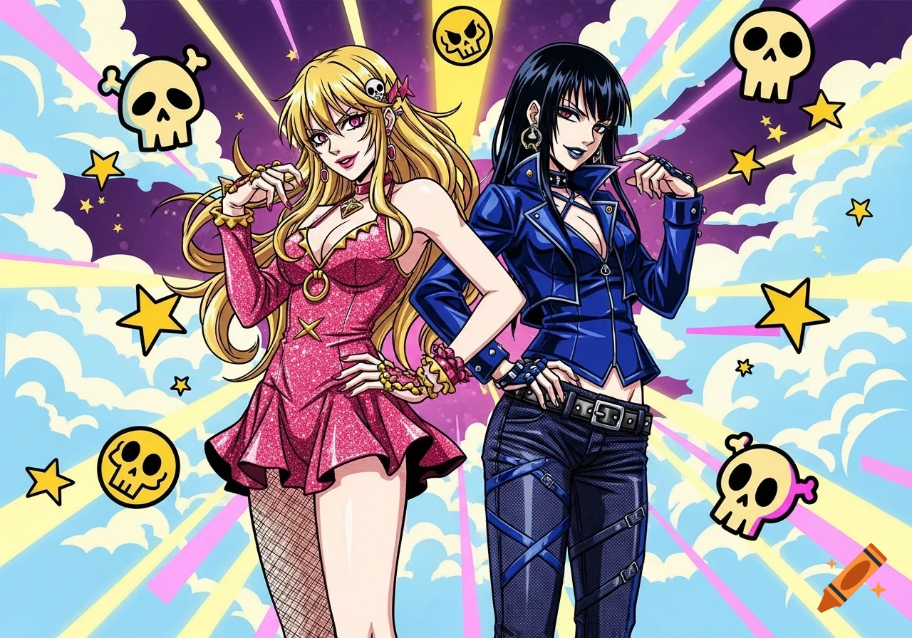 Two anime-style women, one in a pink glitter dress and the other in a blue leather jacket, posing against a vibrant pop art background with stars and skulls.