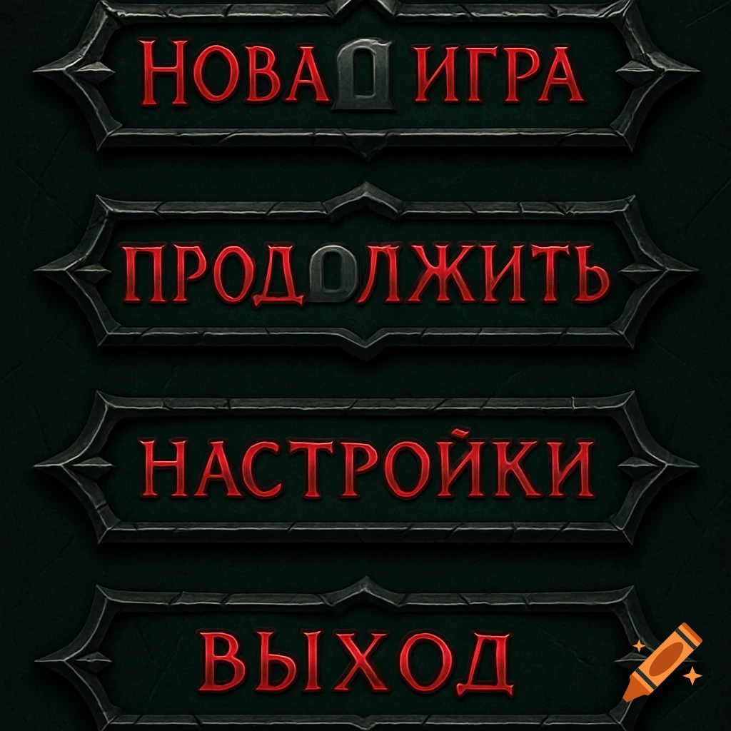 Dark fantasy-style game menu with buttons for 'New Game', 'Continue', 'Settings', and 'Exit' in red text on dark metallic frames.