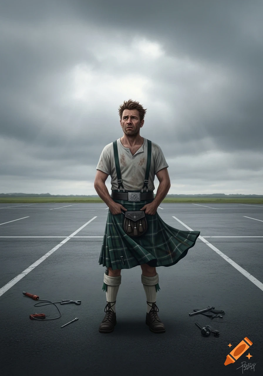 Confused man in a green kilt, white shirt, and suspenders stands in an empty parking lot with tools, under a cloudy sky.