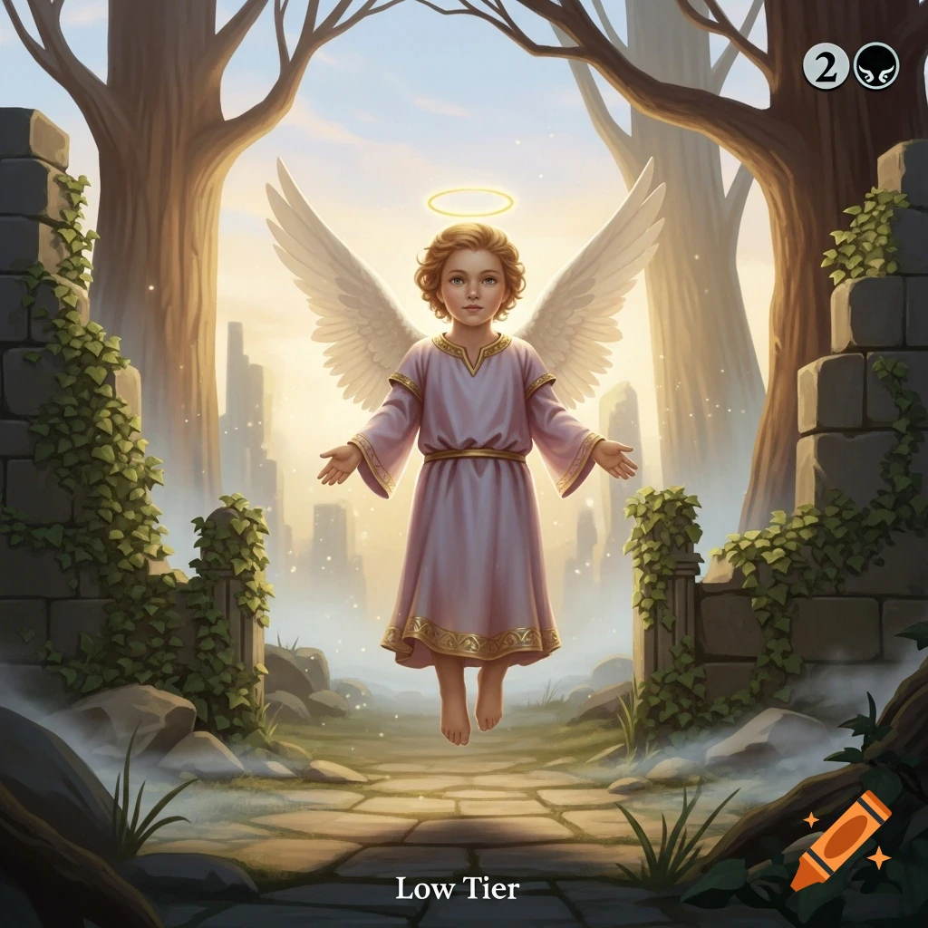 A fantasy artwork of a small, floating angel with a halo and wings on a stone path between ivy-covered ruins and trees, with a misty cityscape behind. Includes 'Low Tier' text and card symbols.