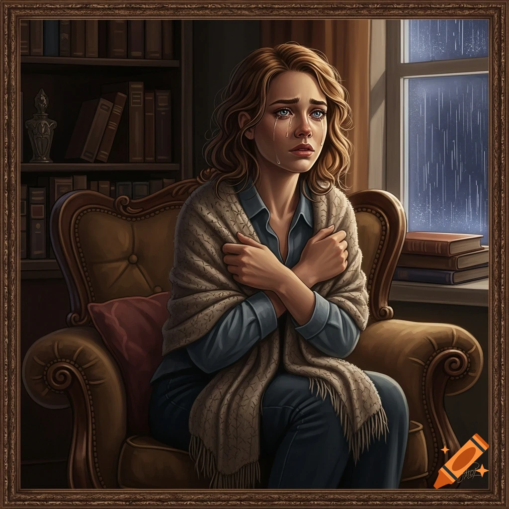 A solemn illustration of a young woman with blue eyes, tears streaming down her face, wrapped in a shawl while sitting in an armchair by a rainy window.