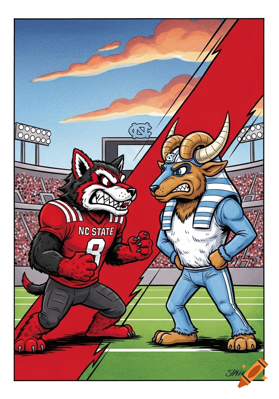 A cartoon illustration shows NC State Wolfpack and UNC Tarheel mascots angrily facing each other on a split football field in a stadium.