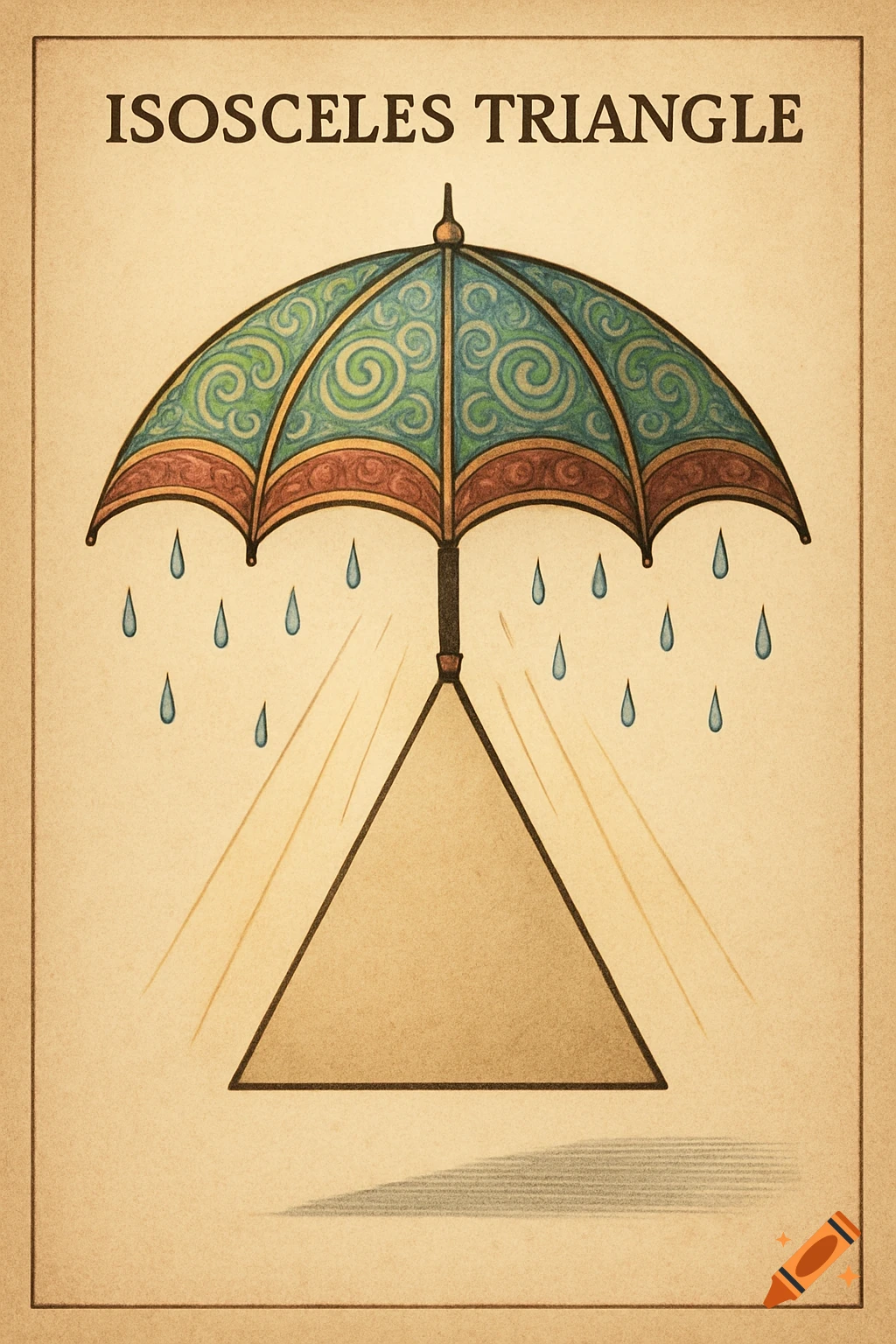 A vintage diagram illustration of an isosceles triangle pointing down, under a green umbrella with raindrops.
