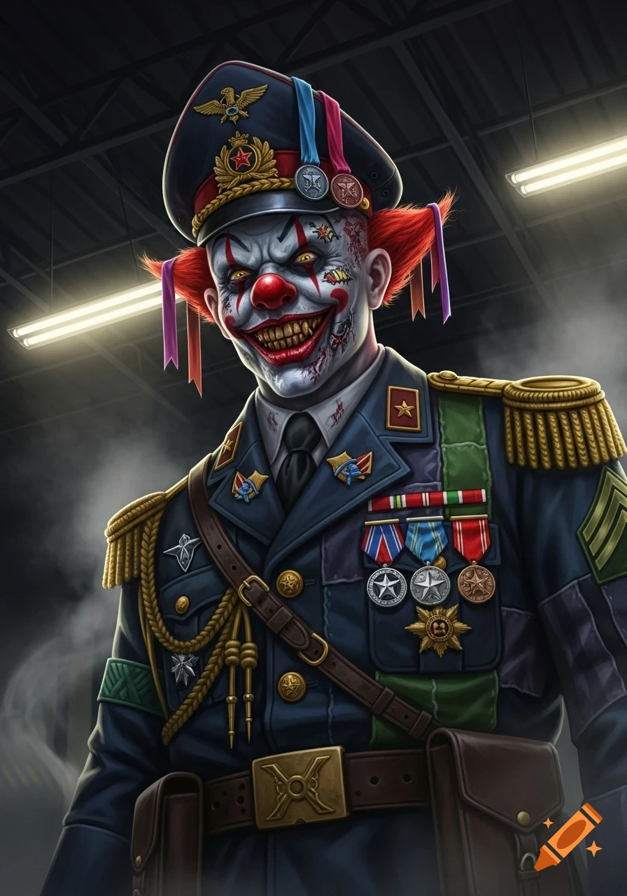 A creepy clown with yellow eyes and a wide grin wears a detailed, medal-adorned military general's uniform in a dark, ominous setting.