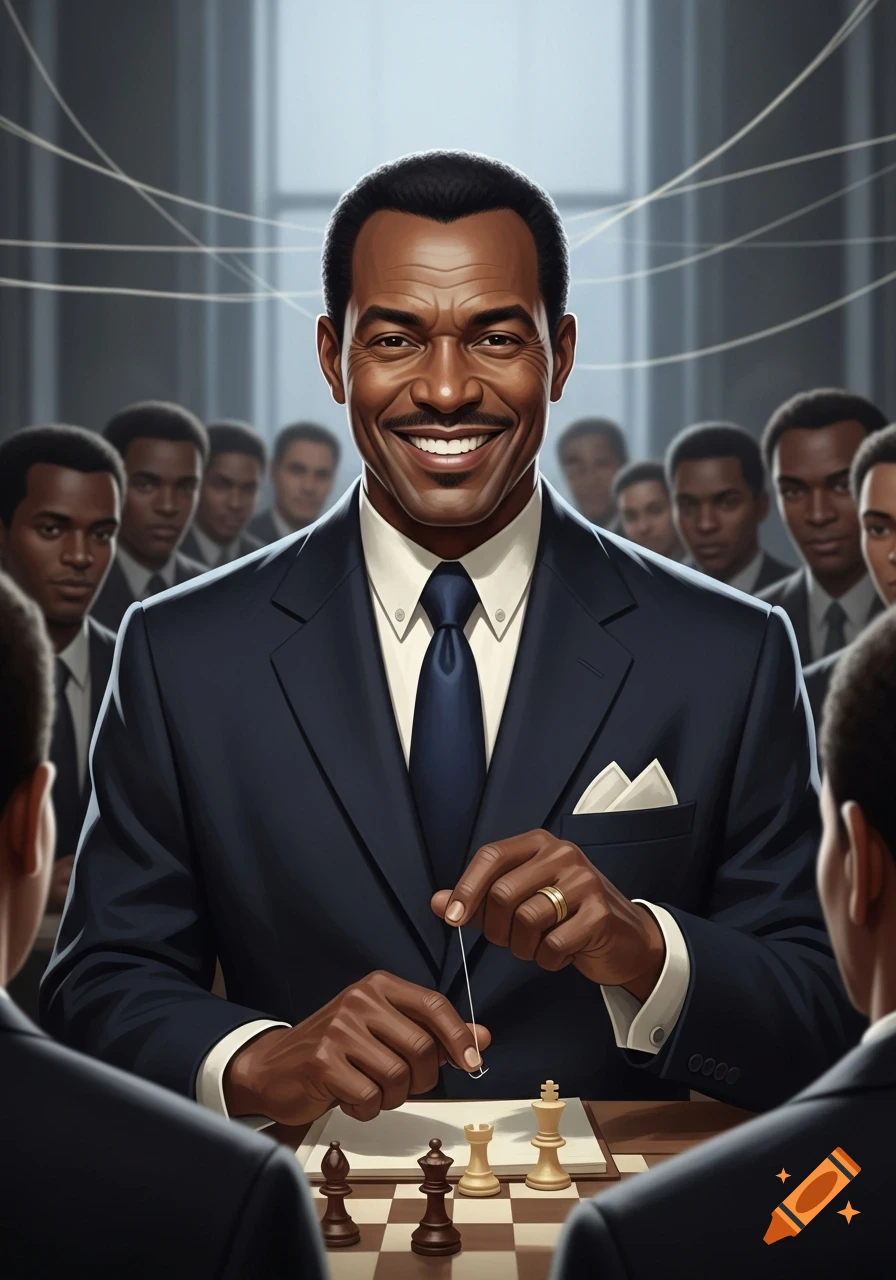 A smiling Black man in a dark suit with a tie holds a string over a chessboard, surrounded by other men in suits, depicting a leader or strategist.
