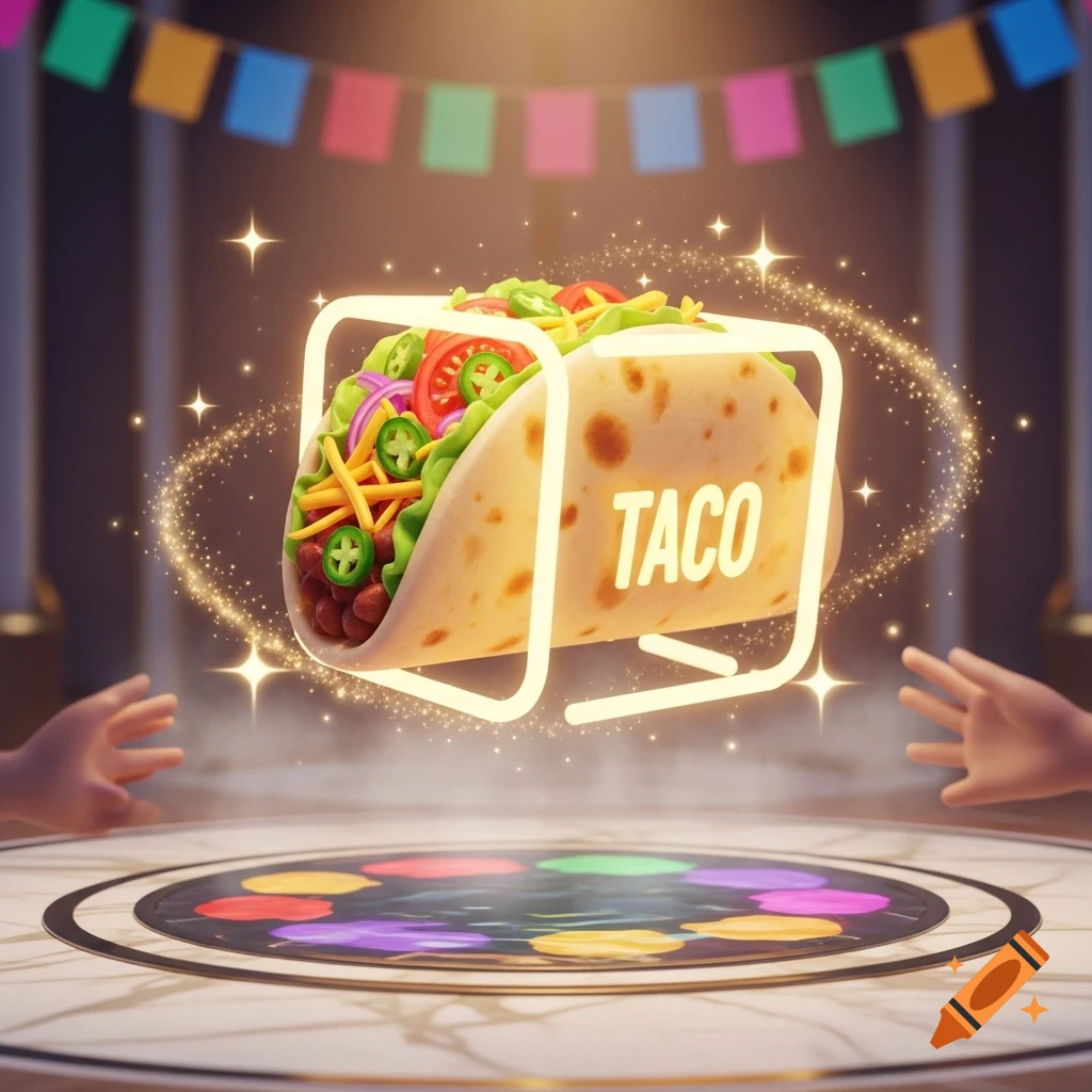 A glowing taco with fresh ingredients floats over a colorful game board, with hands reaching towards it, under festive banners.