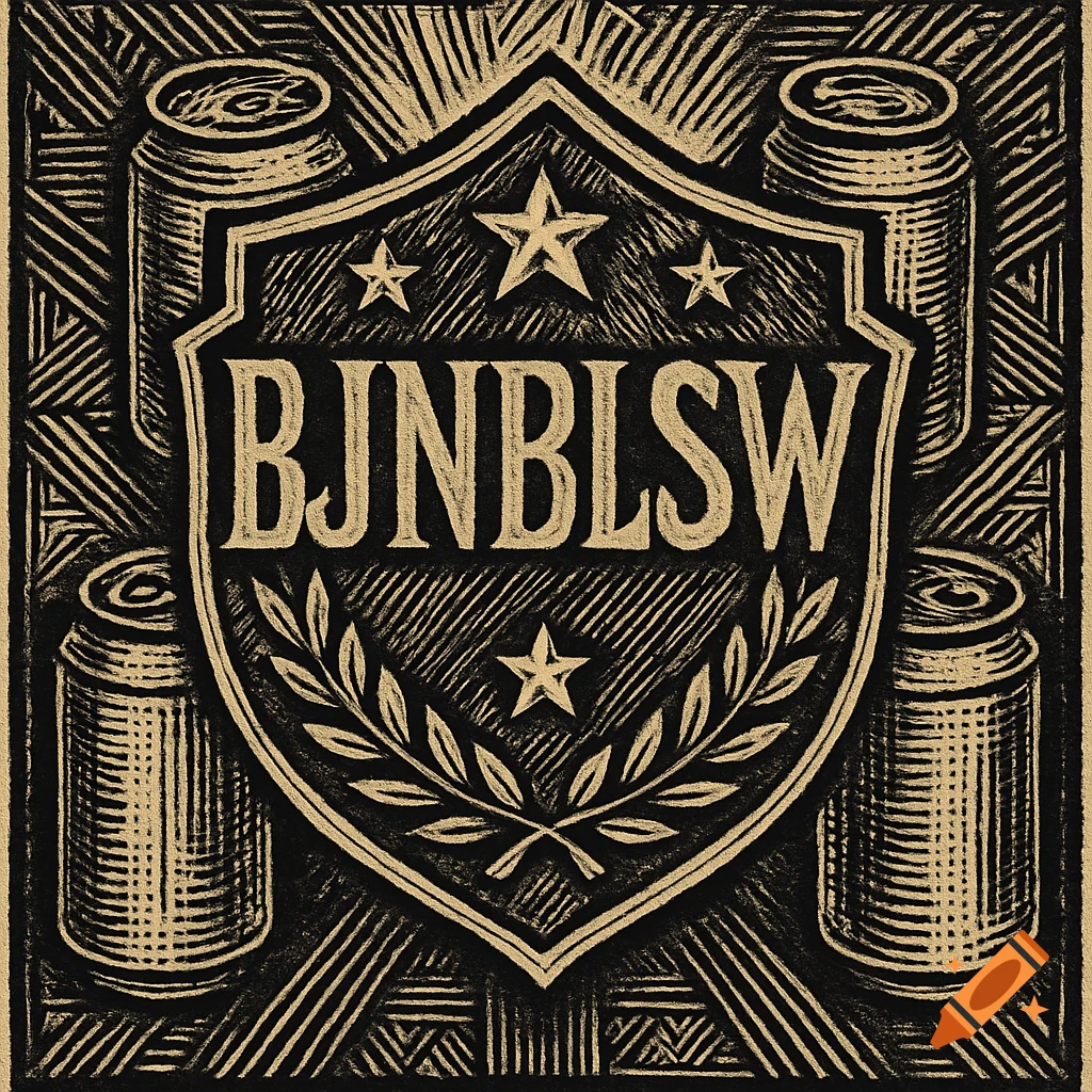 Linocut design featuring a shield with 'BJNBLSW', stars, and laurel wreath, flanked by four beer cans.