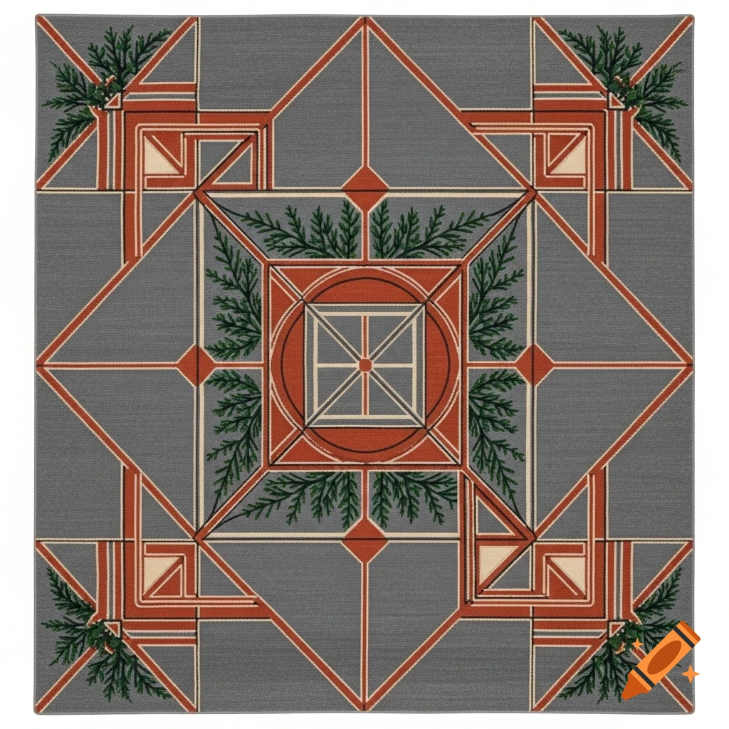 Geometric pattern rug in Frank Lloyd Wright Prairie style, with slate gray, terra cotta, and deep green juniper accents.