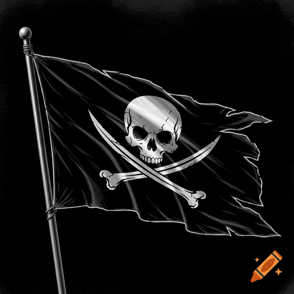 A black pirate flag with a white skull and crossed cutlasses, waving against a black background.