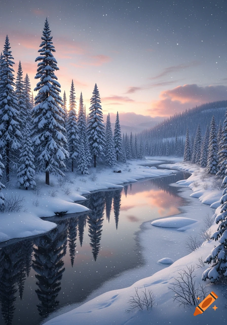 A serene snowy landscape with snow-covered pine trees lining a reflective river at sunrise, under a soft pink and blue sky.
