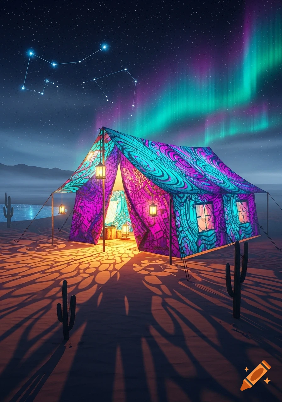 A vibrantly patterned tent glowing under a night sky with the aurora borealis and constellations, in a desert landscape.