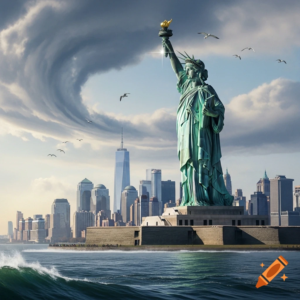 The Statue of Liberty stands in New York Harbor under dramatic swirling clouds, with the city skyline and choppy water.