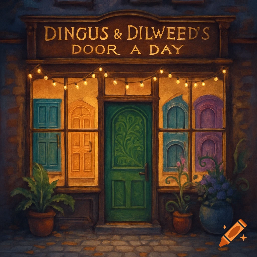 A whimsical storefront with a green main door and colorful smaller doors in the windows, lit by string lights. A sign above reads "DINGUS & DILWEED'S DOOR A DAY".