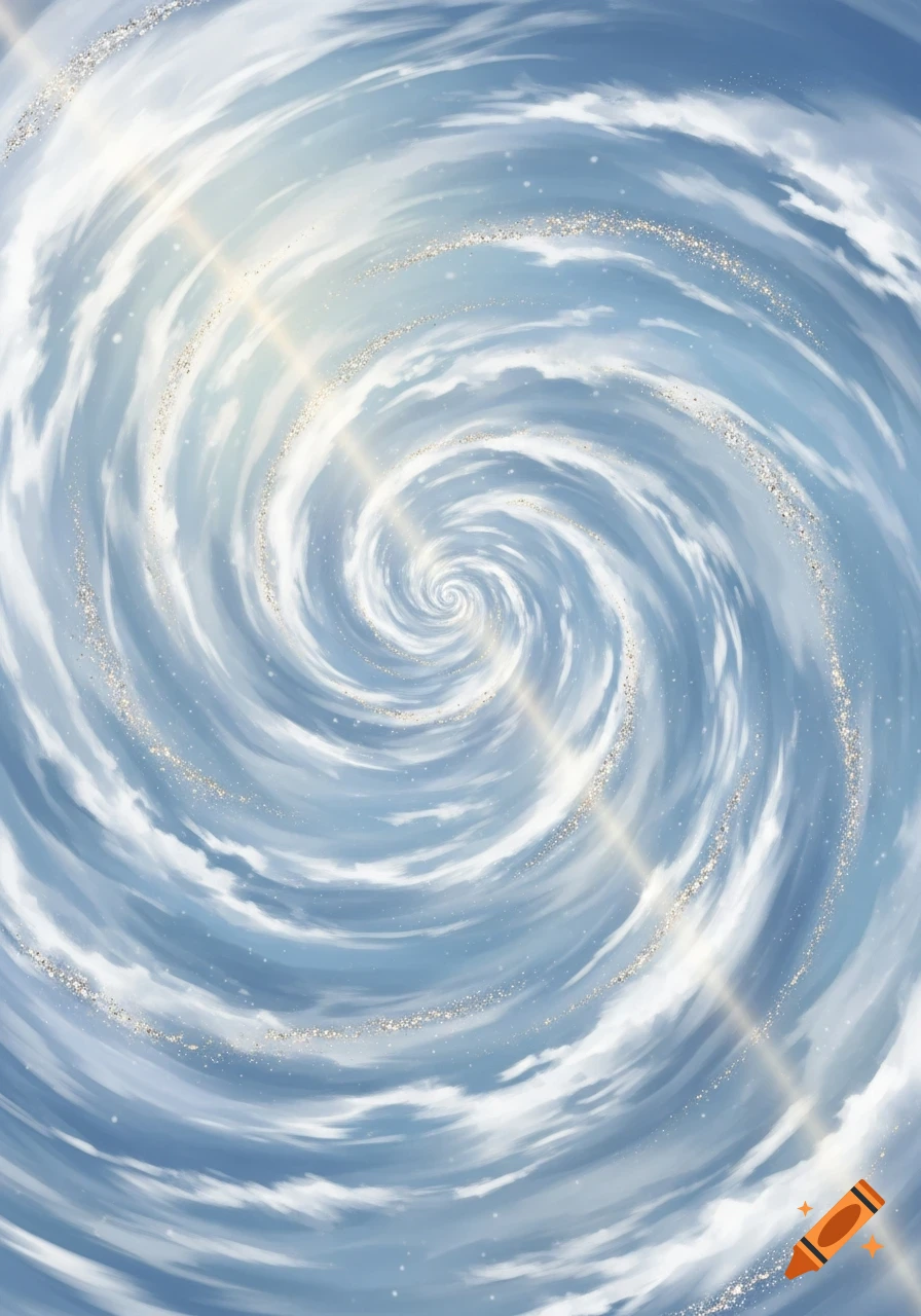 A vibrant blue sky forms a swirling vortex of white clouds, accented with sparkling golden glitter trails and a bright light.