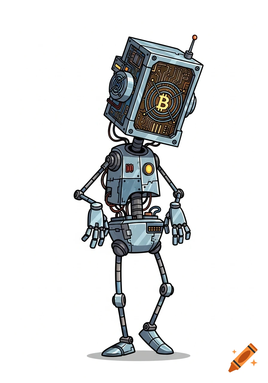 A thin, cartoon robot with a Bitcoin symbol head, posing on a white background.