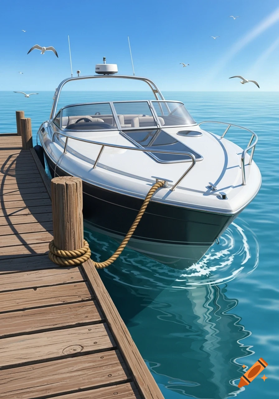 A photorealistic white and black speedboat docked at a wooden pier on clear blue water with seagulls flying under a bright sky.