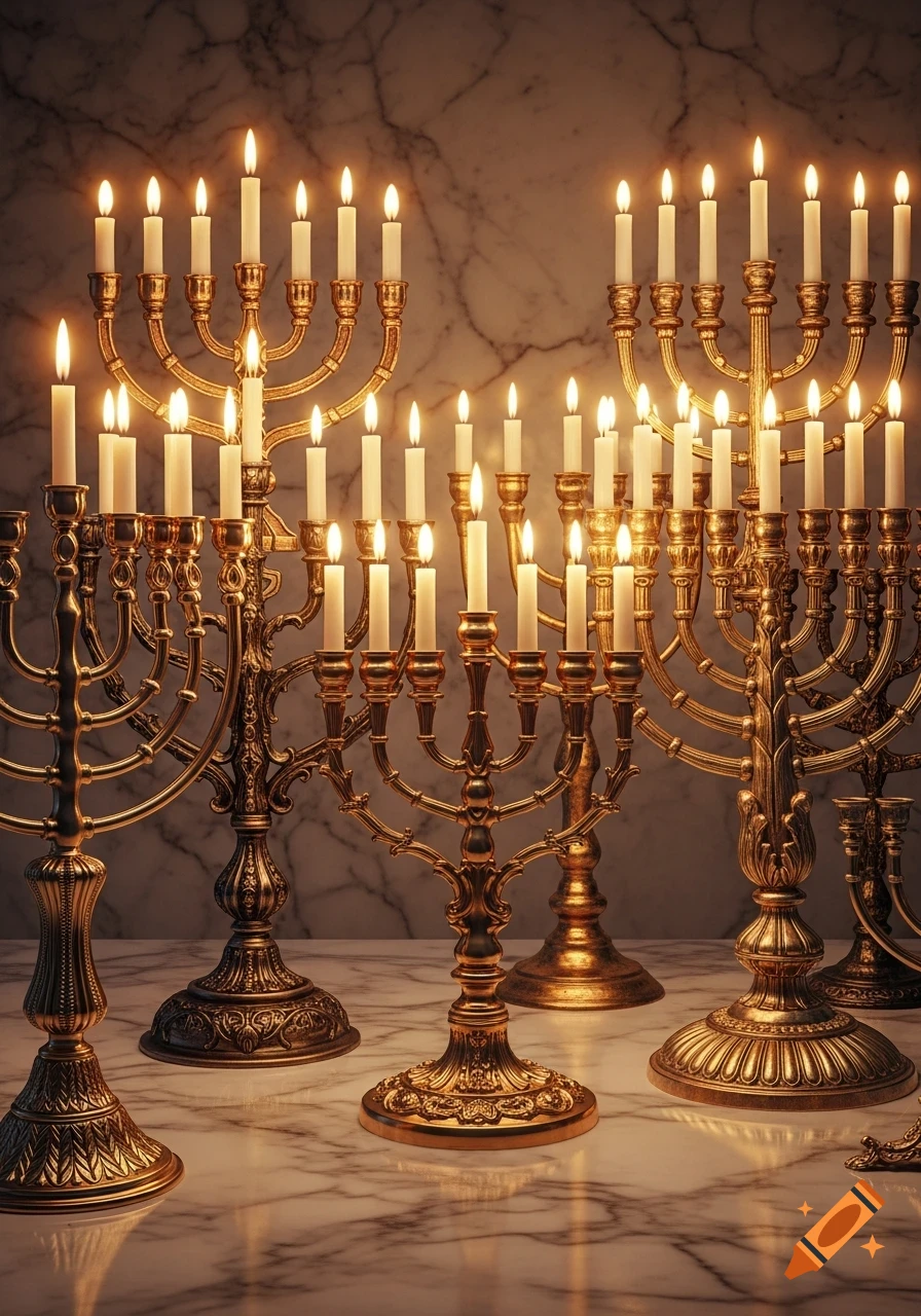 Multiple ornate golden menorahs with many lit white candles reflecting on a polished marble surface against a marble background.