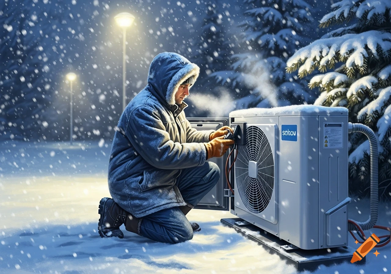 A man in a hooded coat and gloves kneels in the snow, repairing an outdoor heat pump under falling snow and streetlights at dusk.