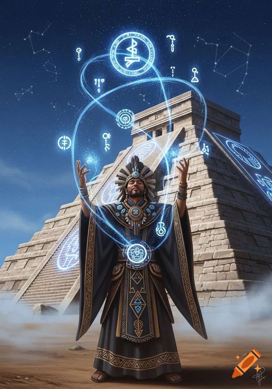 A majestic shaman in elaborate attire stands before a Mayan pyramid, conjuring glowing blue celestial codes and symbols against a star-filled night sky.