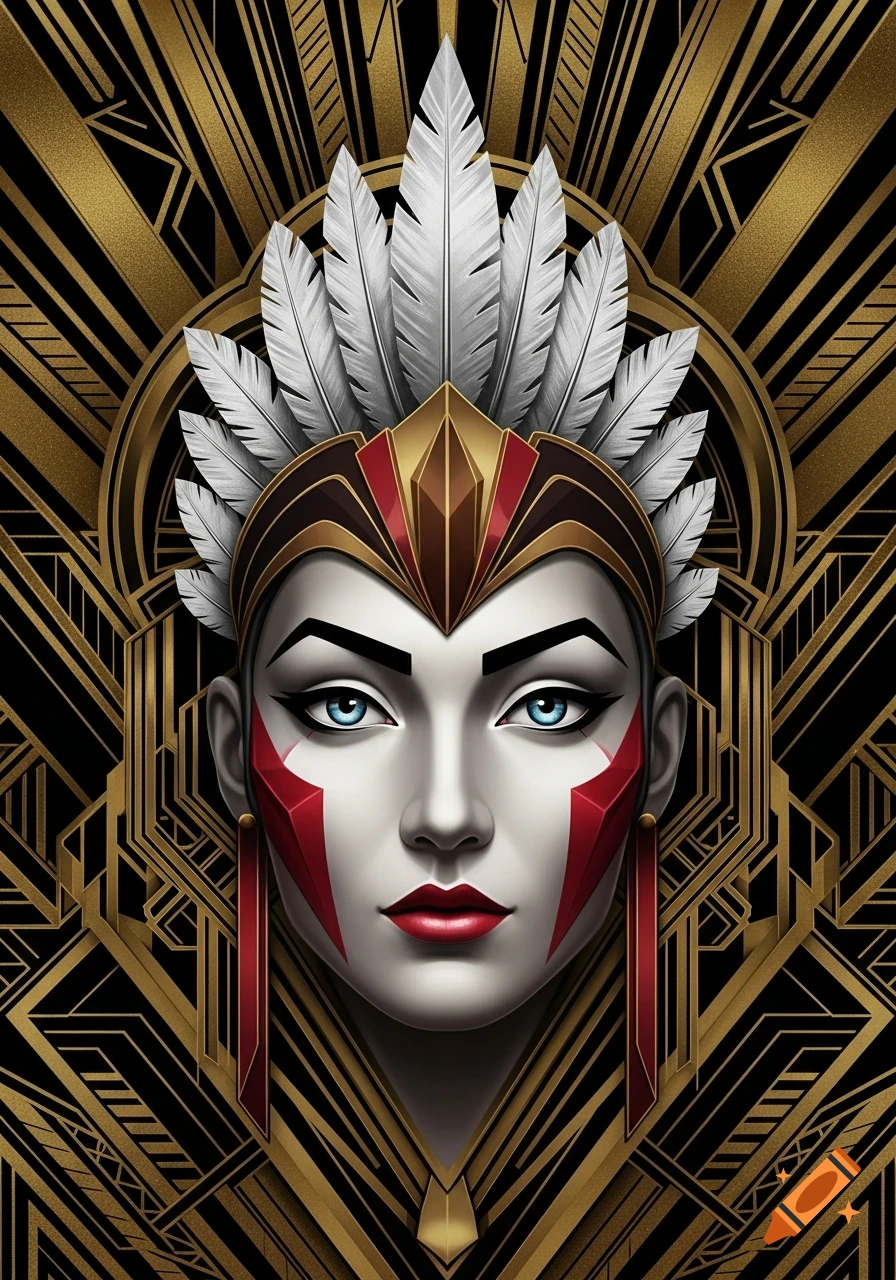 Stylized Art Deco portrait of a woman with a feathered headdress, red facial markings, and a gold geometric background.