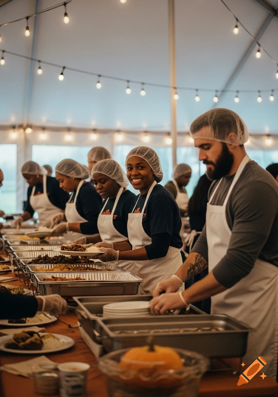 Diverse volunteers in aprons and hairnets serve food from buffet lines inside a white tent with string lights.