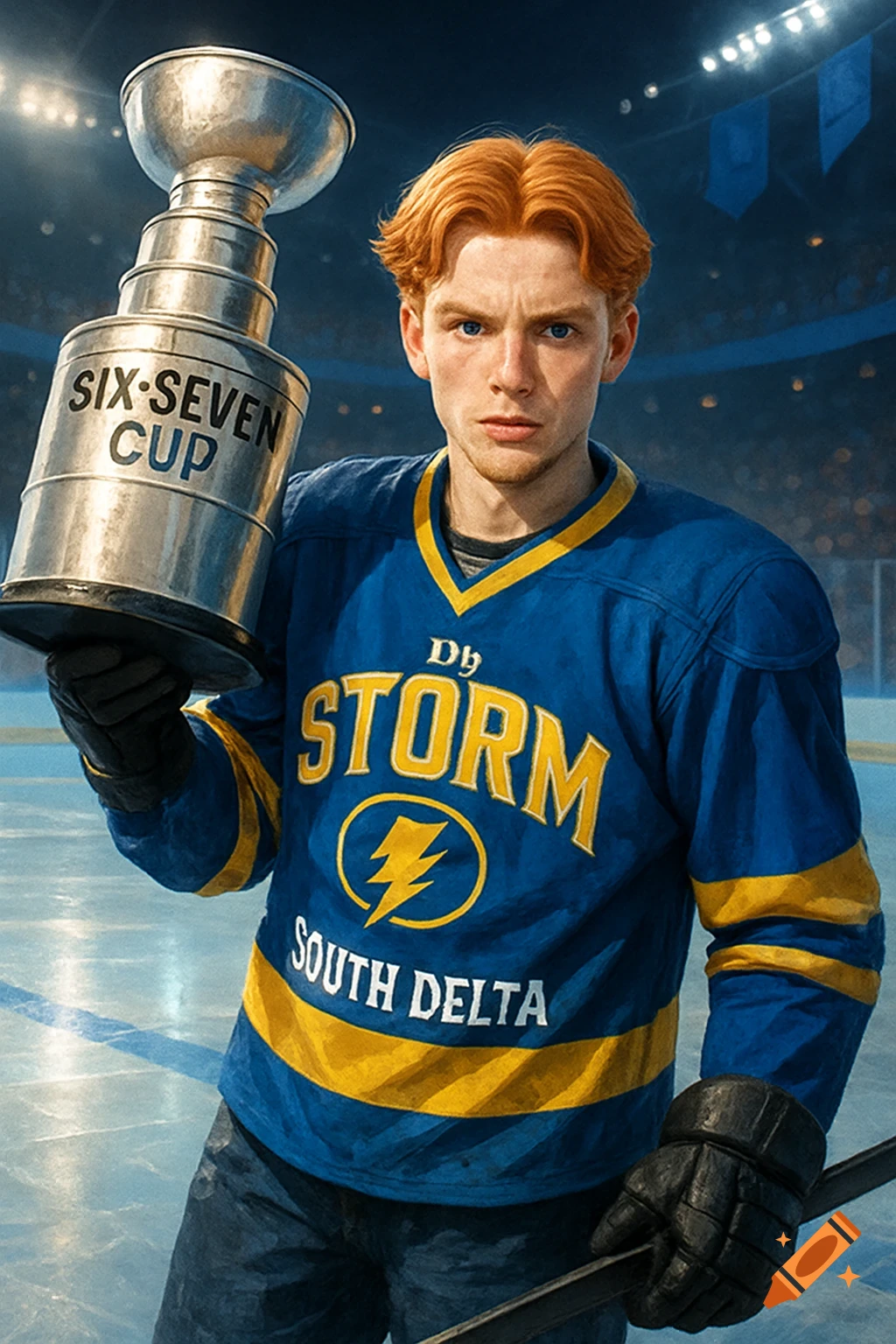 A young man with red hair in a blue and yellow hockey jersey holds a silver trophy on an ice rink, under bright stadium lights. He wears black hockey gloves.