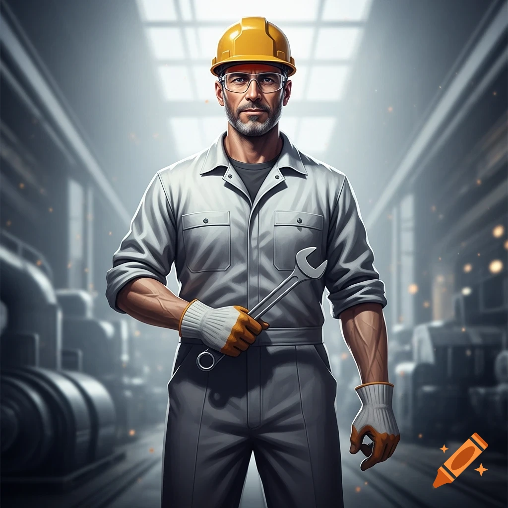 A confident man in a hard hat, safety glasses, and grey uniform holds a wrench in an industrial setting.