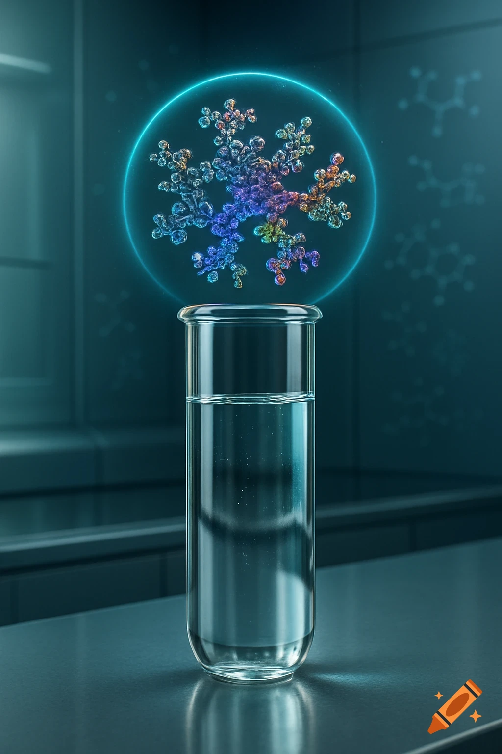 A clear test tube under a glowing blue circle containing a colorful molecular structure in a dark, sleek lab.