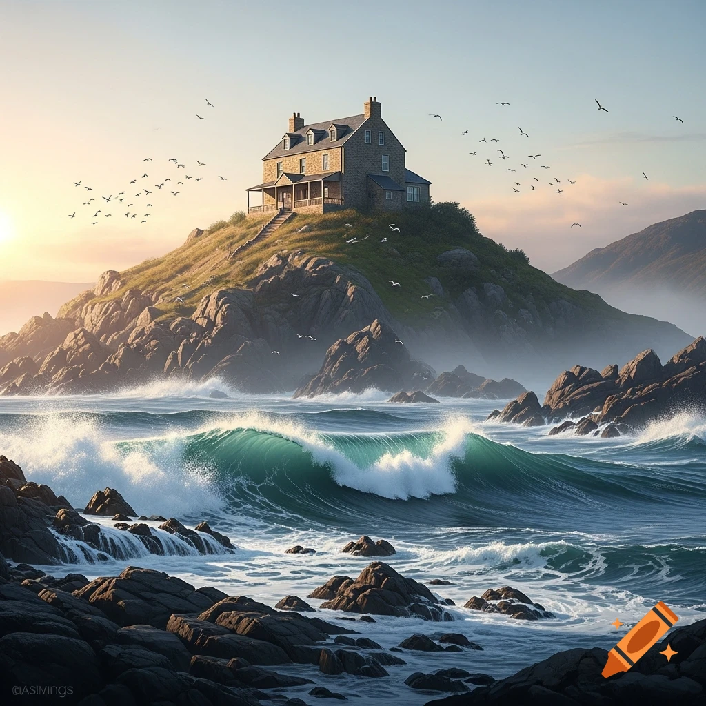 A stone house on a rocky hill overlooks a vibrant blue sea with crashing waves at sunrise, with birds flying.