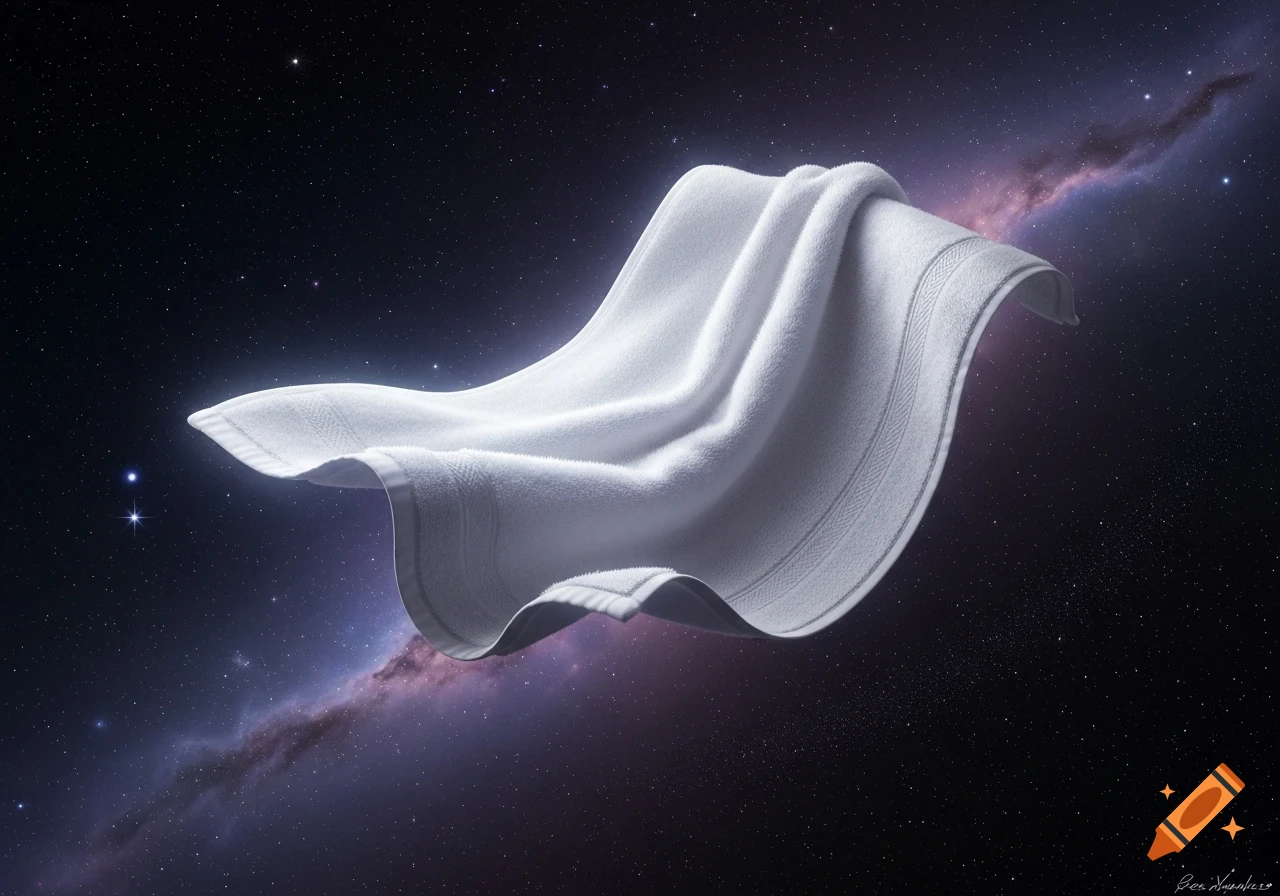 A fluffy white towel floats gracefully through the dark, star-filled expanse of space, with a faint purple nebula in the background.