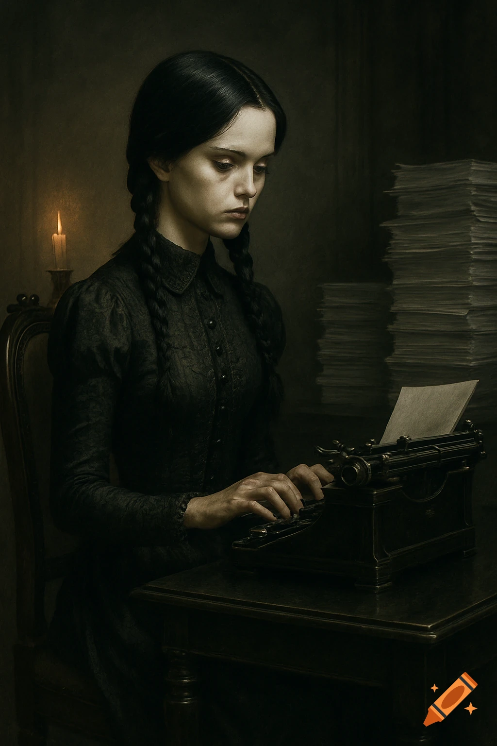 A young woman resembling Wednesday Addams, with braided pigtails, types on a vintage typewriter by candlelight.