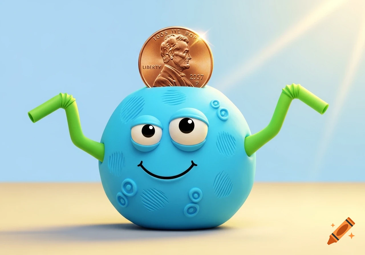 A cute, smiling baby blue playdough monster with green straw arms, googly eyes, and a large penny on its head against a light blue background.