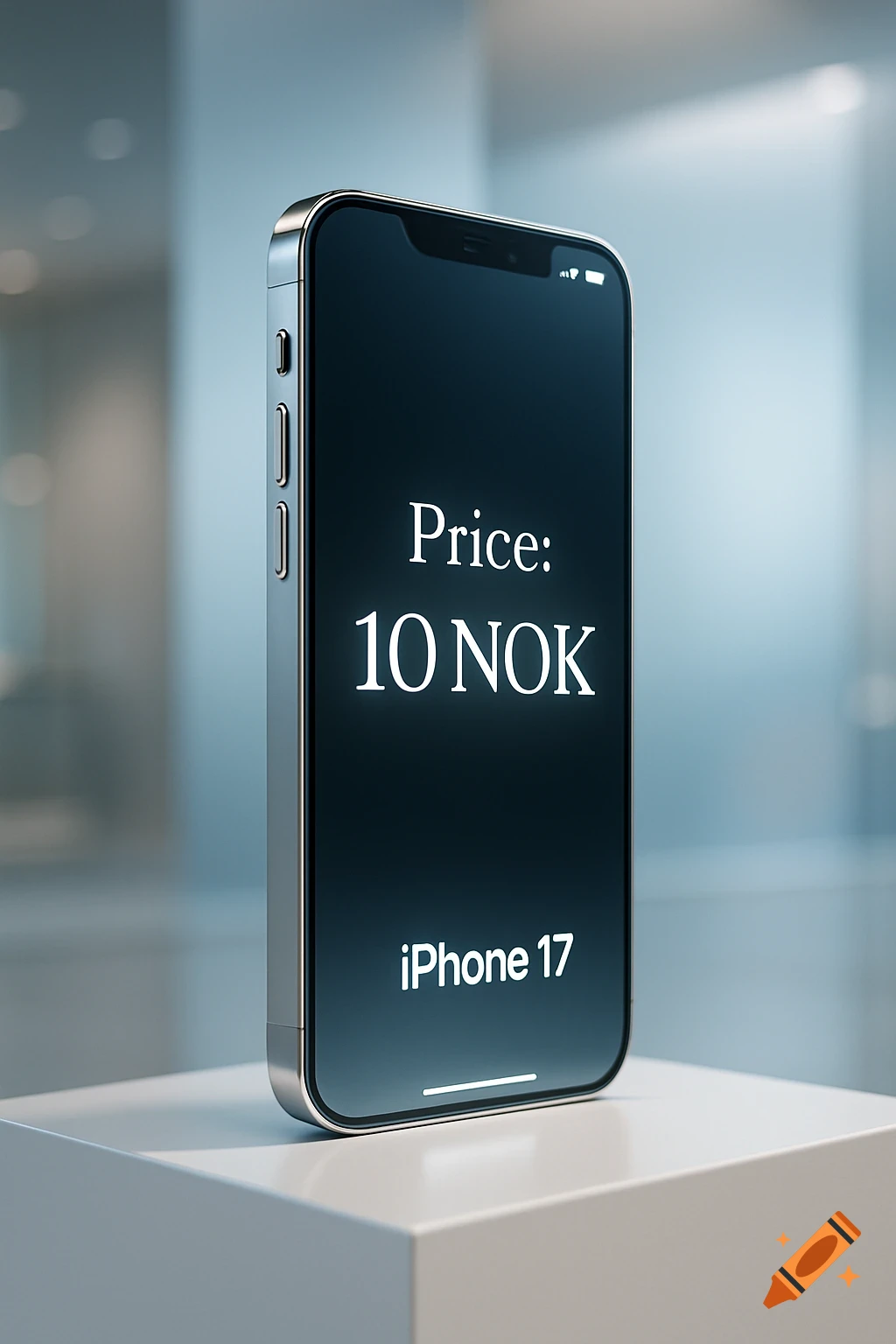 A silver smartphone with 'Price: 10 NOK' and 'iPhone 17' on its screen, standing on a white pedestal in a bright setting.