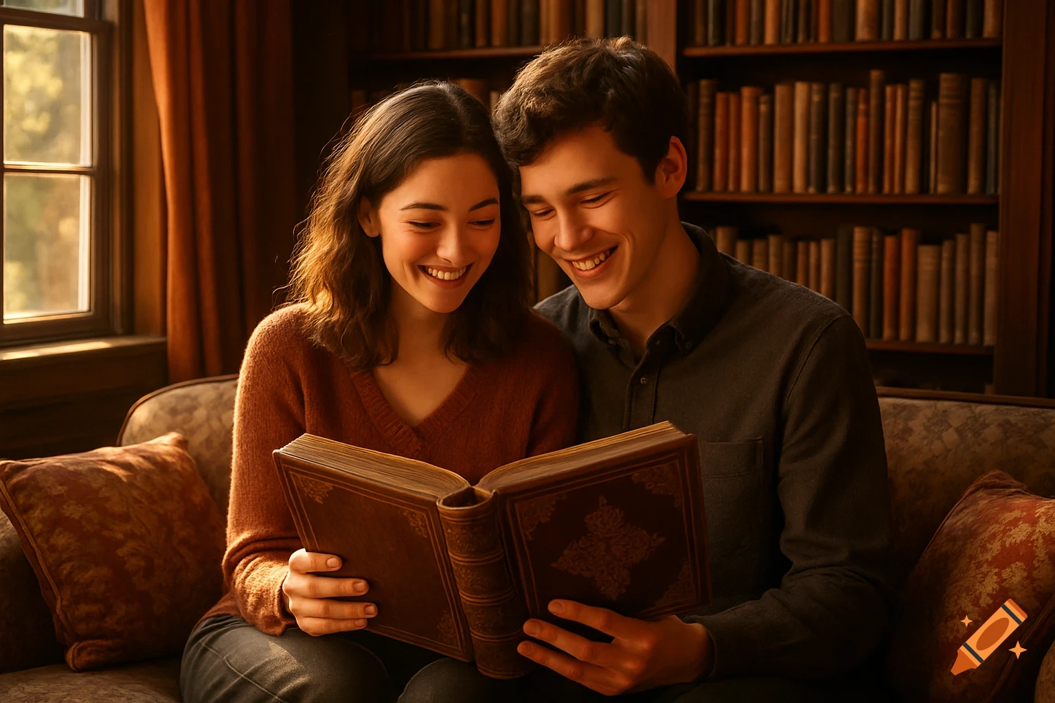 A smiling young man and woman sit together on a sofa, reading a large ornate book in a cozy room with bookshelves and a window.