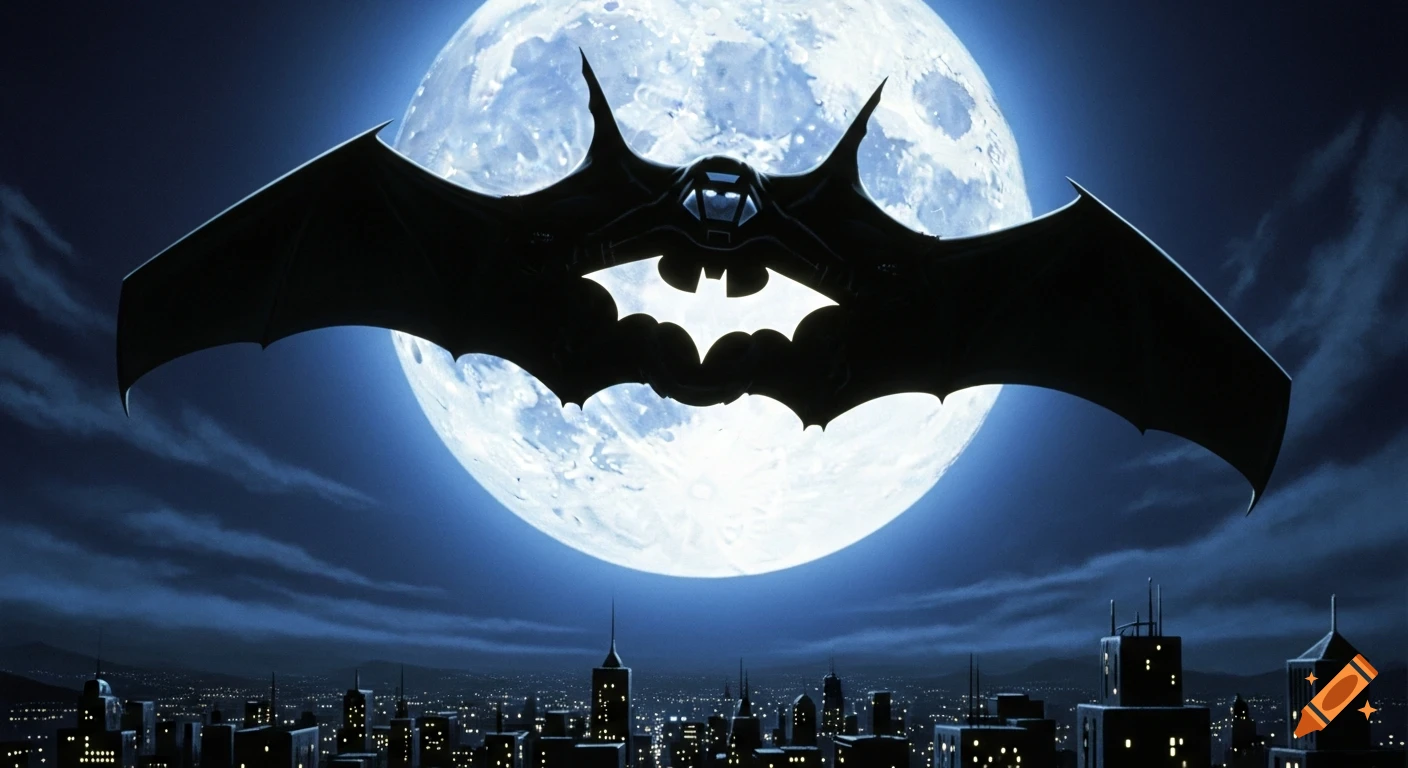 The Batwing flies in front of a large full moon with the bat symbol, over a Gotham City skyline at night.