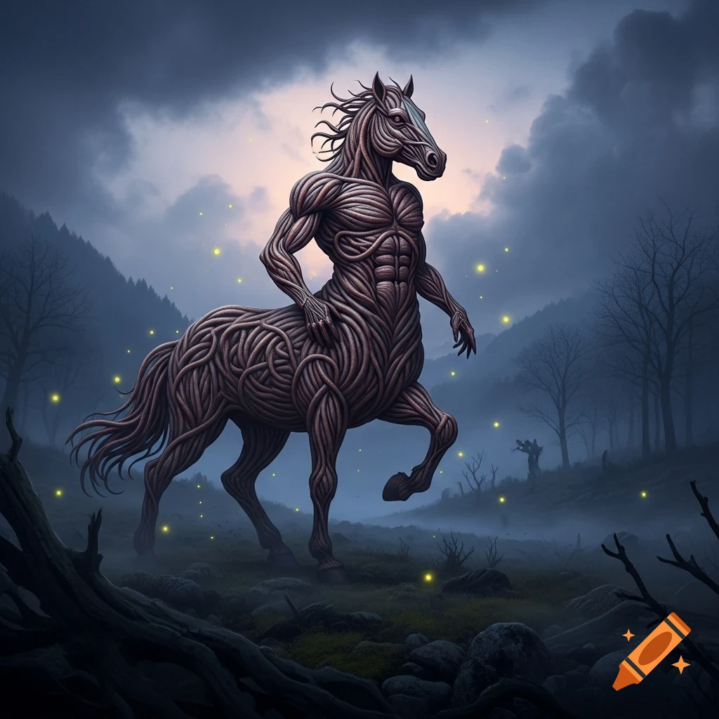 A muscular centaur creature made of tangled roots or muscle fibers stands in a misty, dark forest at dusk with glowing fireflies.