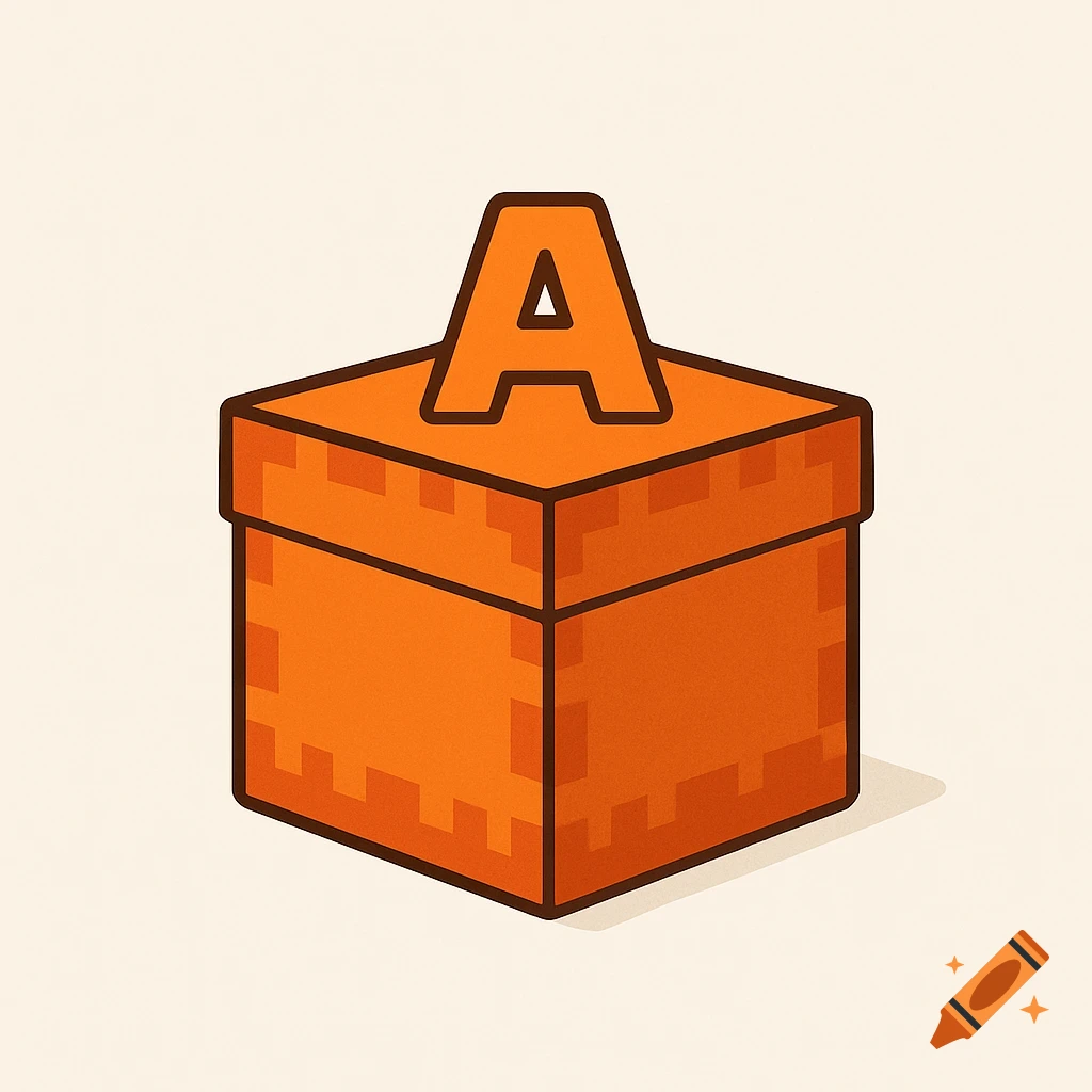 Minimalistic pixel art of an orange shulker box with a bold orange letter A on top, against a light background.