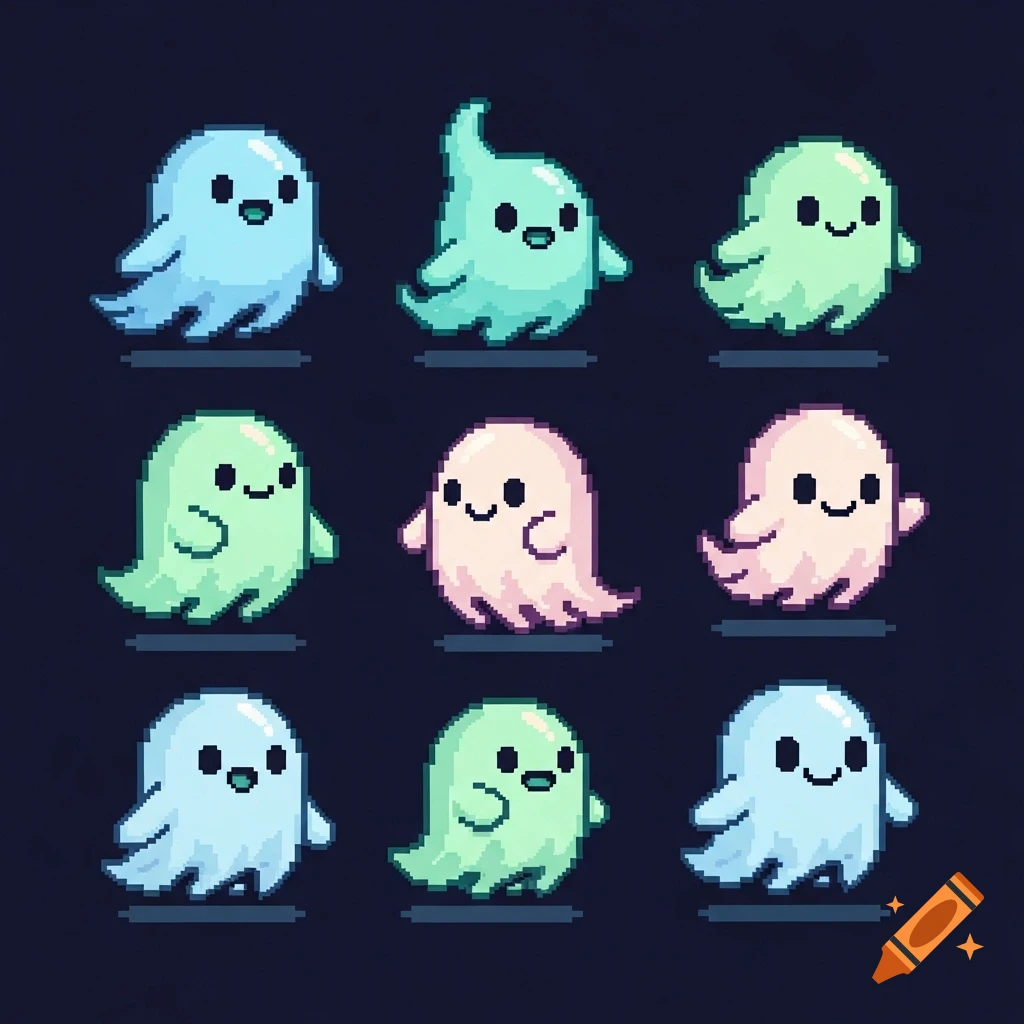 A 3x3 grid of nine cute pixel art ghosts in shades of blue, green, and pink on a dark background.
